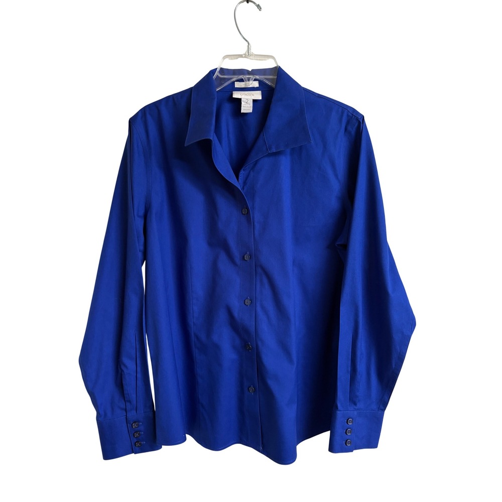 Chicos No Iron Button Down Shirt Royal Blue Long Sleeve Cotton Blouse Womens 2 L